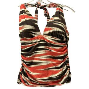 La Blanca Halter Tankini Top Ruched Sides Geo Stripe in Brown/Red/White Sz 6